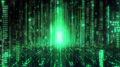 Glitch Art Inspired Digital Abstract with Green Vertical Lines and Pixel Patterns on Dark Background