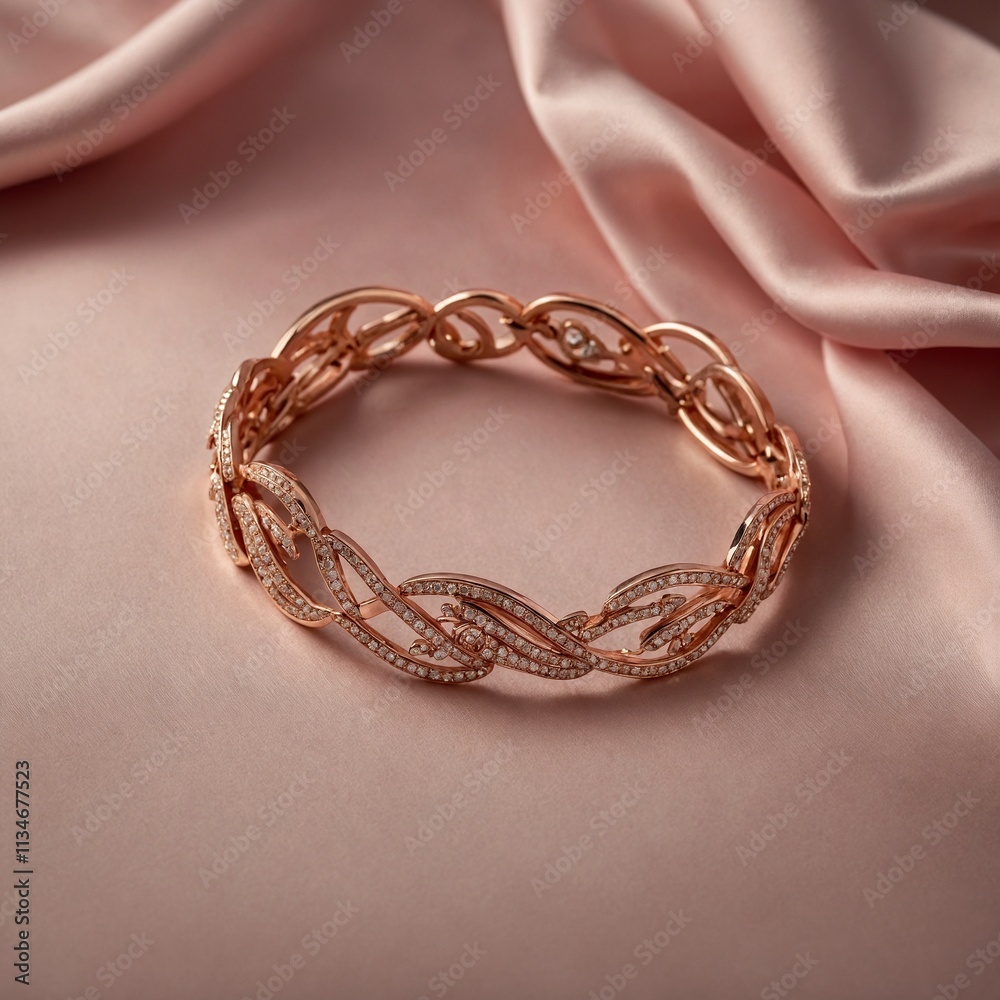 A rose-gold bracelet against a blush-pink satin backdrop.