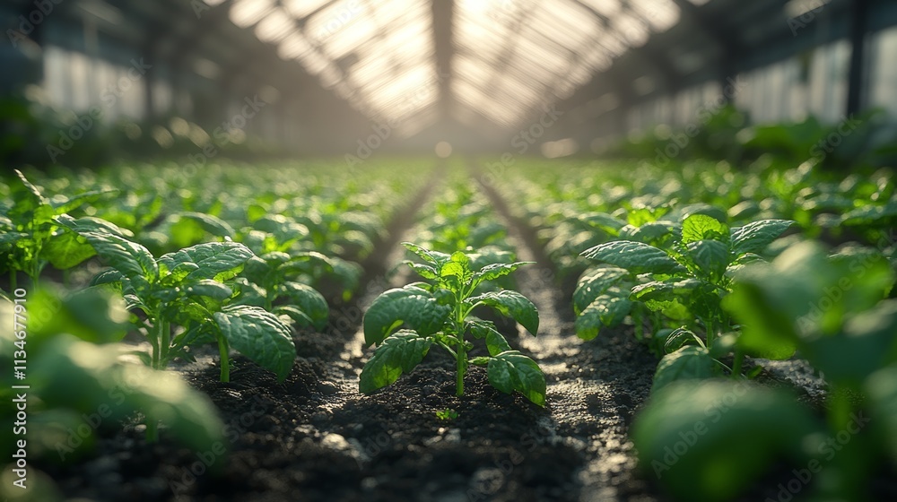 Green, leafy vegetables thrive in a sunlit greenhouse, nurtured by rich soil and promising a bountiful harvest Green, leafy vegetables thrive in a sunlit greenhouse, nurtured by rich soil and promising a bountiful harvest