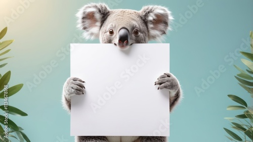 Koala Holding a Blank Sign with a Blue Background photo