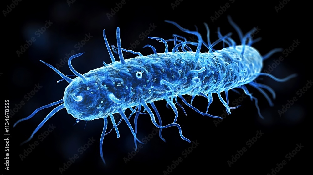 Microscopic view of bacteria or microorganisms, with elongated rod shaped cells and flagella visible Microscopic view of bacteria or microorganisms, with elongated rod shaped cells and flagella visible