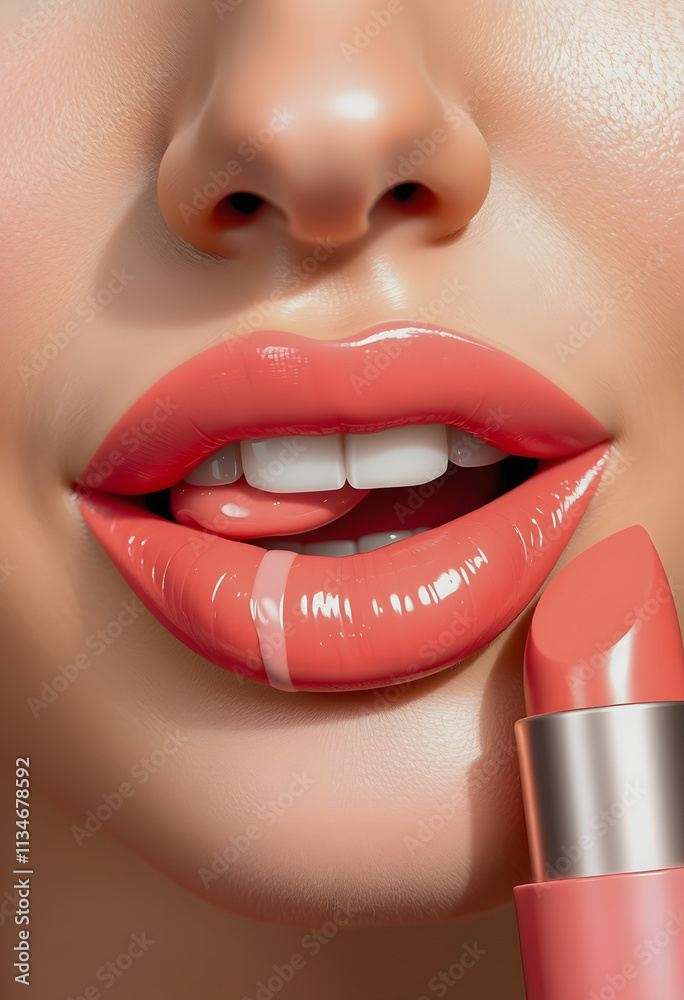 Obraz premium healthy human lips with peach glossy and shiny lipstick , Skincare and beauty and a cosmetic concept, pop art, with white tones