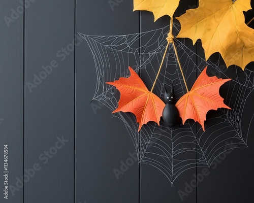 Black Bat with Orange Wings in Spiderweb on Dark Background photo