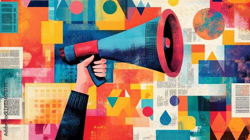 Illustration of a Megaphone Above Newspaper Clippings, Symbolizing Urgent News and Communication