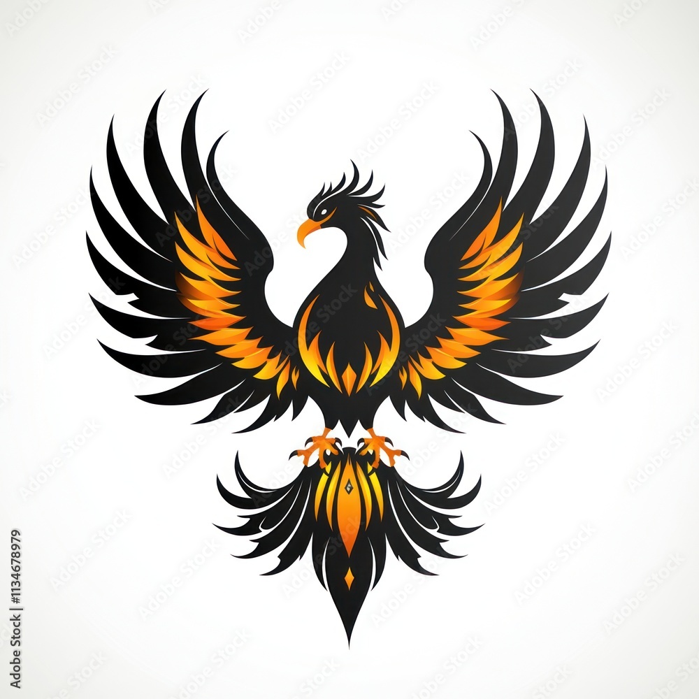 Fototapeta premium Fiery black phoenix with outstretched wings, isolated on white background.