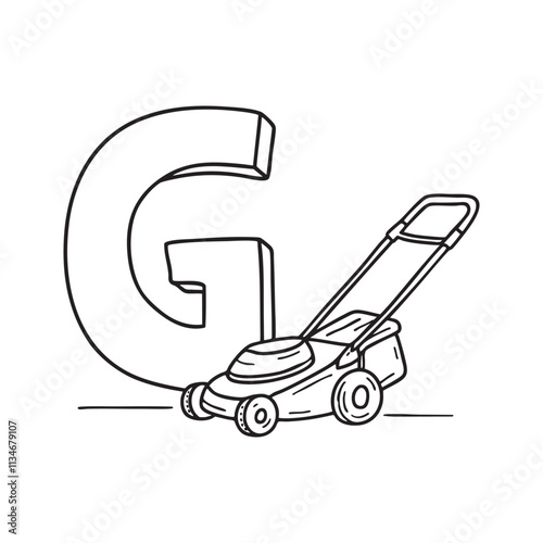 An illustration of letter G beside a grass cutter