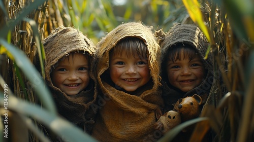 Clovis children playing hide seek among tall grass laughter and movement captured vividly with scattered carved toys enhancing the lively scene photo