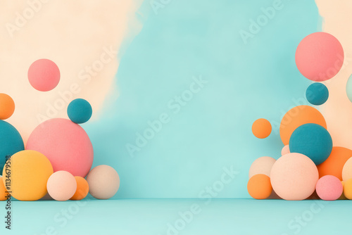 Playful composition with pastel-colored spheres in various sizes against a vibrant blue and cream background.