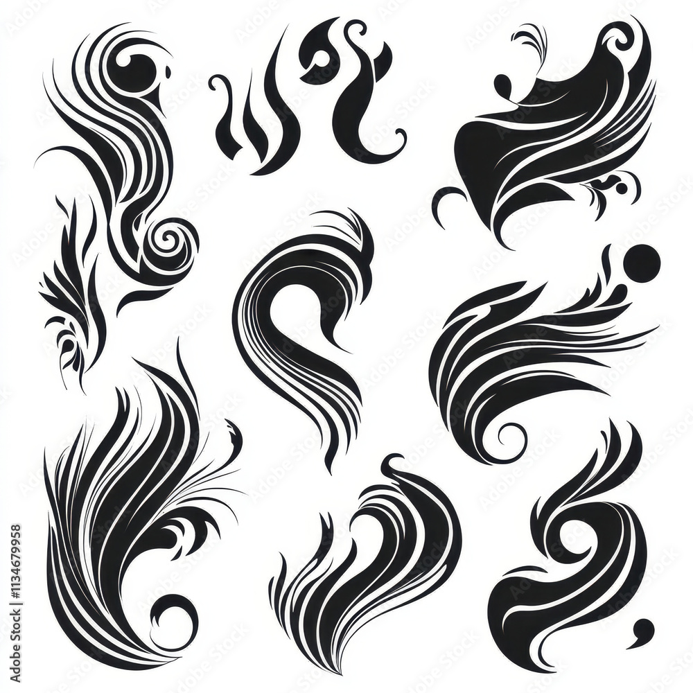 Abstract black and white graphic design elements showcasing wind and air flow Abstract black and white graphic design elements showcasing wind and air flow