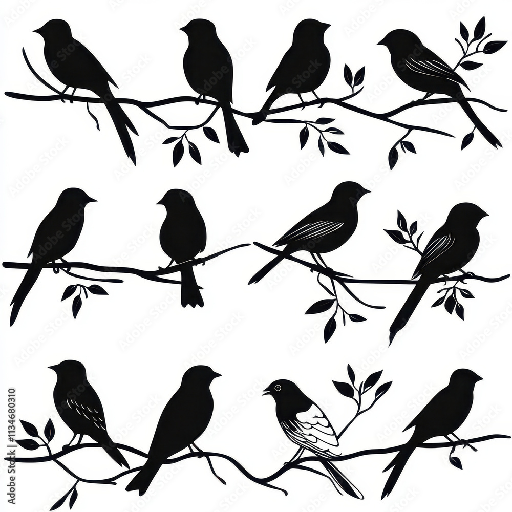 Fototapeta premium Silhouettes of birds perched on branches, showcasing nature beauty