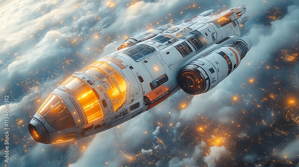 Futuristic spaceship cutting through cloudscapes in a glowing atmospheric wallpaper Futuristic spaceship cutting through cloudscapes in a glowing atmospheric wallpaper