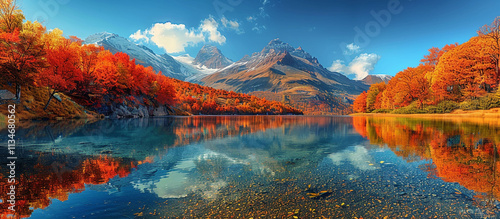 Breathtaking panorama of an autumn mountain landscape, vibrant foliage in fiery reds and golden yellows, crystal-clear lake reflection, under a vivid blue sky. photo