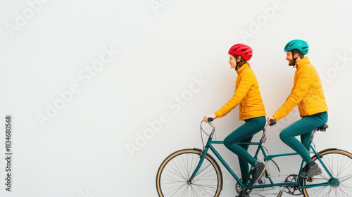 Young couple riding tandem bicycle, wearing colorful helmets and jackets, enjoying fun outdoor activity together. Their smiles reflect joy and adventure