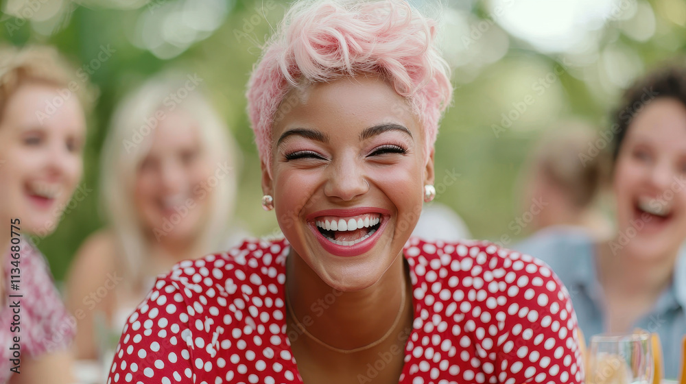 Friends laughing and enjoying joyful moment outdoors, with woman in red polka dot dress and pink hair smiling brightly. atmosphere is cheerful and vibrant Friends laughing and enjoying joyful moment outdoors, with woman in red polka dot dress and pink hair smiling brightly. atmosphere is cheerful and vibrant