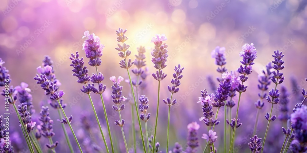 Naklejka premium A Field of Lavender Blossoms Bathed in Soft, Golden Light, Their Delicate Purple Flowers Reaching Upward Towards the Sky