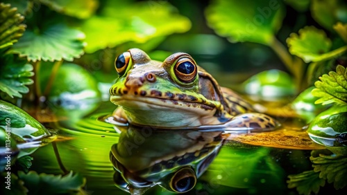 A Scared Frog Emerges from Murky Water Surrounded by Greenery, Capturing Nature's Intrigue and Emotion with Stunning Rule of Thirds Composition