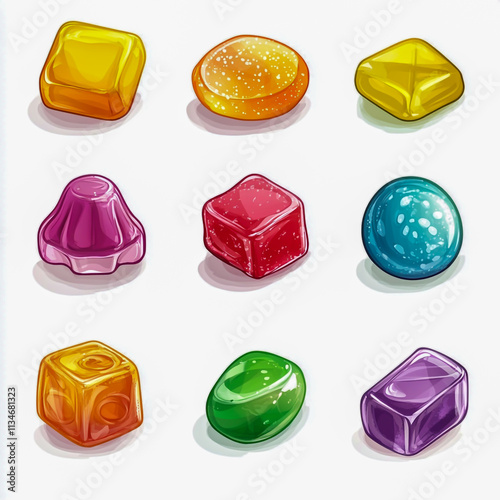 Collection set of sugar-coated gummy candies isolated white background.