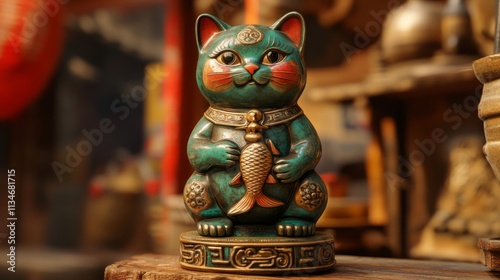 A Green Cat Figurine Holding A Gold Fish photo