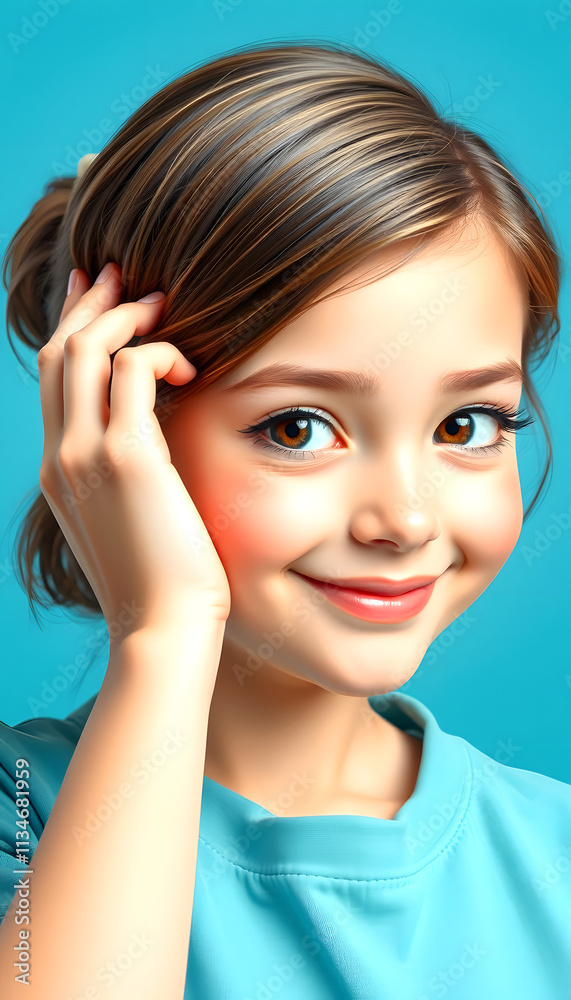 Portrait of attractive cheerful well-groomed girl touching soft smooth hair isolated over bright blue color background, graphic novel art, with white tones Portrait of attractive cheerful well-groomed girl touching soft smooth hair isolated over bright blue color background, graphic novel art, with white tones