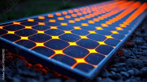 A close-up view of a solar panel with a striking pattern, illuminated in orange hues, highlighting its efficient energy technology. photo