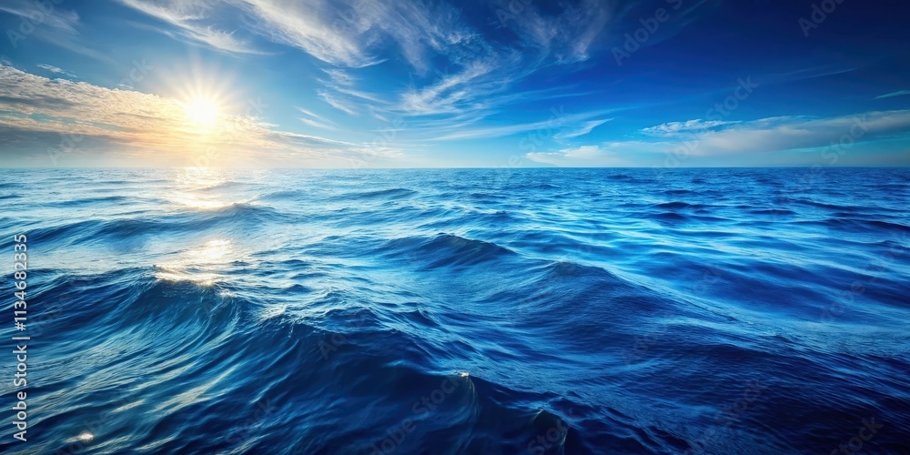 Obraz premium A mesmerizing vista of the deep blue ocean, with a gentle breeze ruffling the surface and a radiant sun casting a golden glow across the water