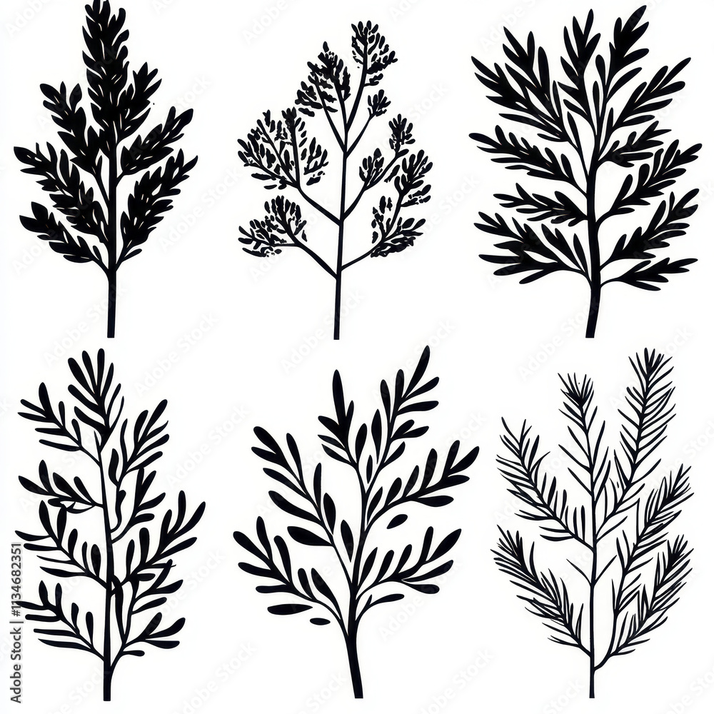 Fototapeta premium Black silhouette of various evergreen tree branches and leaves