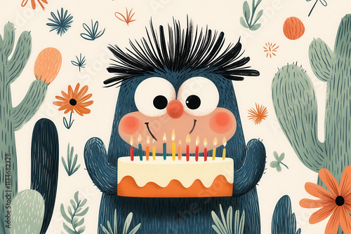 Whimsical illustration of a cheerful blue monster holding a birthday cake surrounded by cacti and flowers