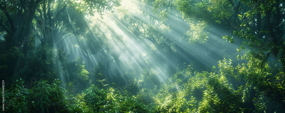 Obraz premium Beams of sunlight pierce through the tall trees, illuminating the green canopy and forest floor with a warm, golden glow. The scene is tranquil and enchanting.