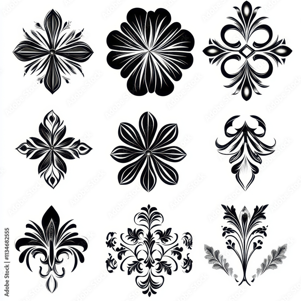 Elegant black and white floral and geometric designs in grid layout Elegant black and white floral and geometric designs in grid layout