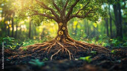 captivating artwork visually merges nature and finance showcasing tree adorned dollar sign leaves and roots intertwining financial charts symbolizing sustainable practices. photo