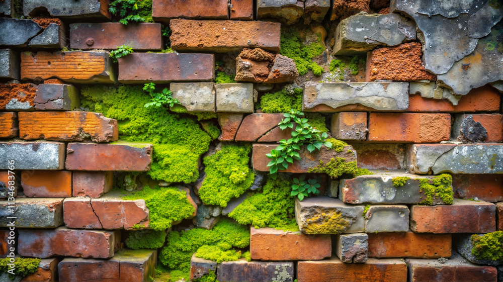 Moss-covered bricks in a weathered wall Moss-covered bricks in a weathered wall