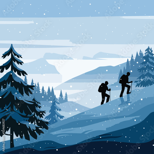 Distant View of Hikers in Snowy Winter Landscape - Vector Illustration