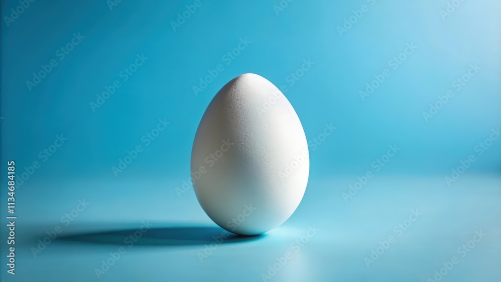 A single, pristine white egg sits on a smooth, cerulean blue surface, casting a soft shadow that elongates to the left. A single, pristine white egg sits on a smooth, cerulean blue surface, casting a soft shadow that elongates to the left.