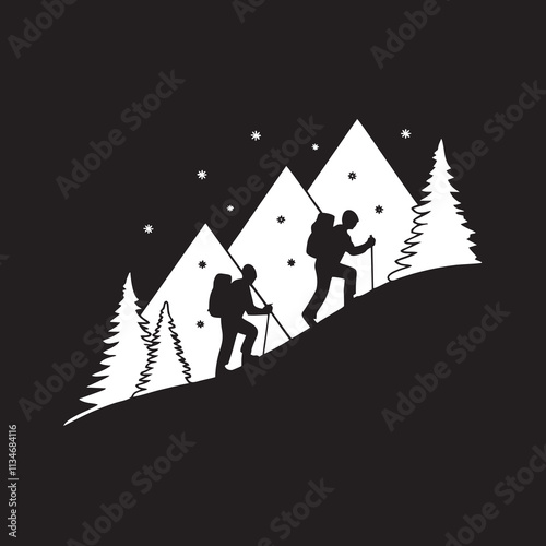 Distant View of Hikers in Snowy Winter Landscape - Vector Illustration