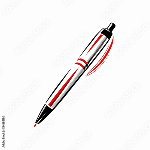 Elegant red pen swooshes across white surface, creating dynamic movement. Sleek writing instrument presented at engaging angle. Concept: Business Communication, Education, Professional Services