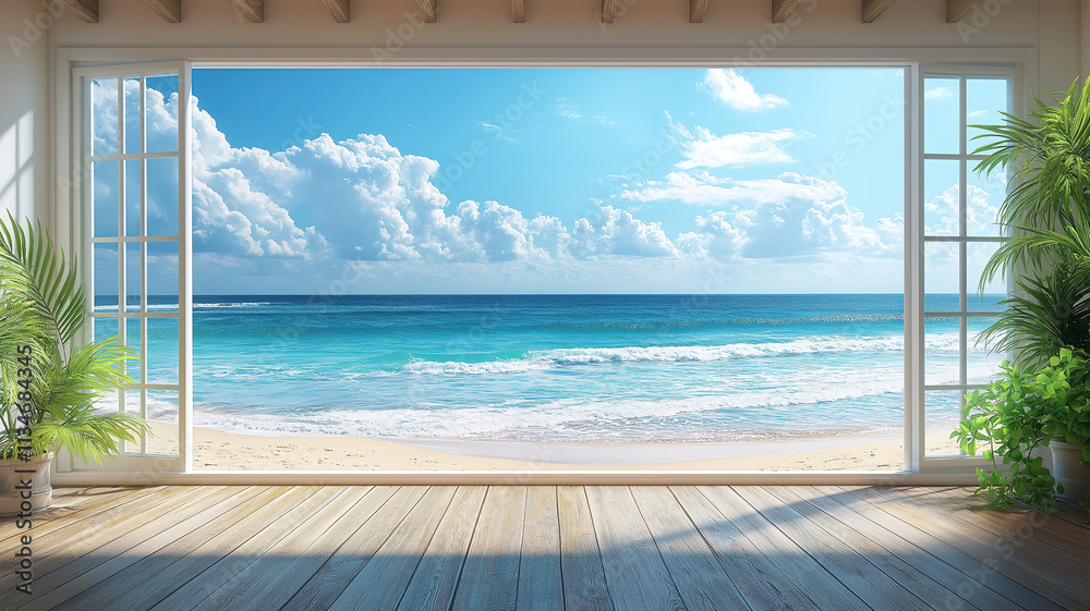 Beautiful vacation home with an ocean view, swimming pool, and white wall interior