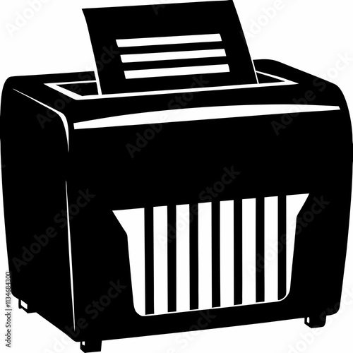 Retro paper shredder illustration shows document mid-shred. Black and white drawing captures security device in action. Concept: Document Security, Privacy Protection, Office Equipment