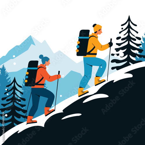 Distant View of Hikers in Snowy Winter Landscape - Vector Illustration