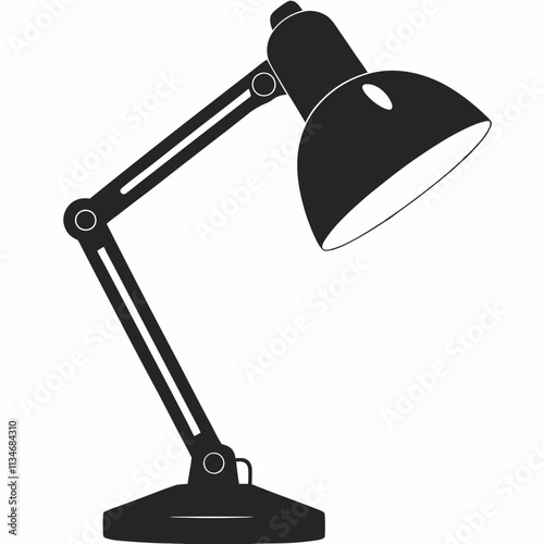 Vector desk lamp with articulated arm in black-and-white style, technical yet artistic illustration for workspace visuals, design icons or study UI elements. Concept: interior iconography, home office
