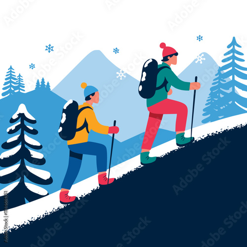 Distant View of Hikers in Snowy Winter Landscape - Vector Illustration