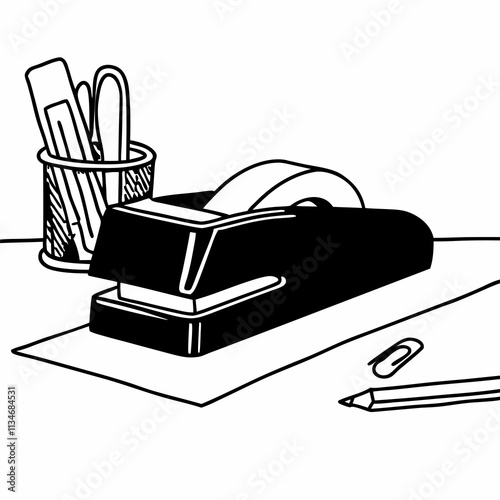 Vintage-style line illustration of desk essentials. Collection of stapler, tape, pencil and clips. Concept: Office Organization, Business Supplies