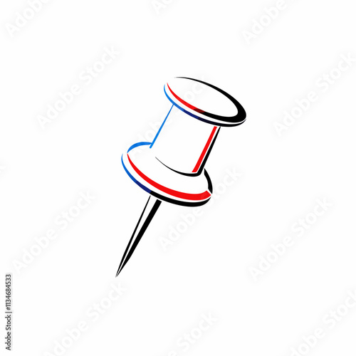 Minimalist pushpin illustration with white body and tricolor outline looking straight ahead. Clean design with bold shadows creates depth. Concept: office supplies, stationery store, design studio