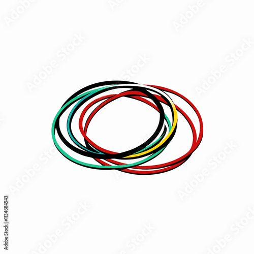 Vibrant rubber bands arranged in circular pattern, multicolored office supplies creating artistic composition, white studio background. Concept: Office Supplies, Creative Design, Color Organization