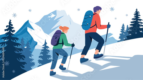 Distant View of Hikers in Snowy Winter Landscape - Vector Illustration