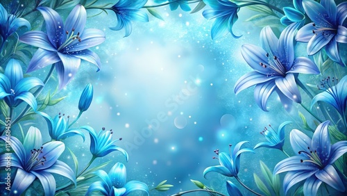 A vibrant blue floral border with delicate petals and glowing bokeh lights, creating a serene and ethereal atmosphere.