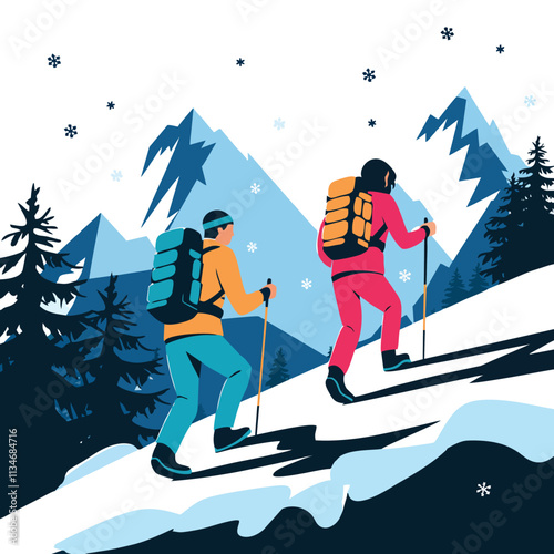Distant View of Hikers in Snowy Winter Landscape - Vector Illustration