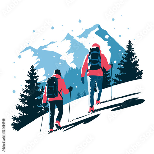 Distant View of Hikers in Snowy Winter Landscape - Vector Illustration