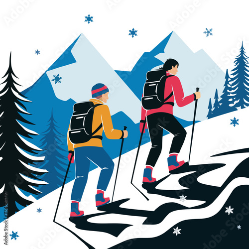 Distant View of Hikers in Snowy Winter Landscape - Vector Illustration