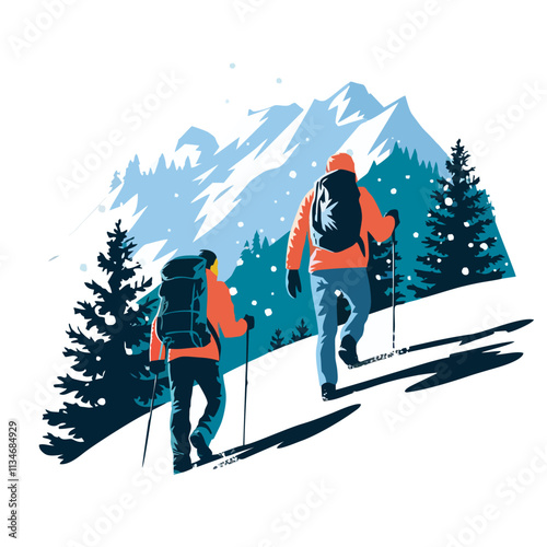 Distant View of Hikers in Snowy Winter Landscape - Vector Illustration