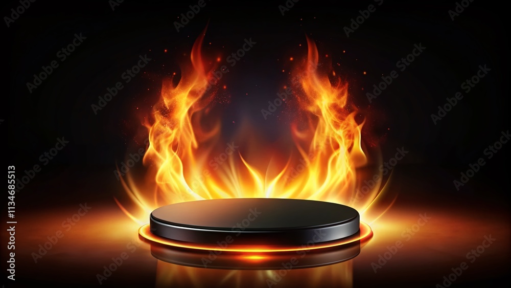 A Striking Black Pedestal Surrounded by Fiery Flames on a Dark Background, Perfect for Creative Projects, Advertising, and Eye-Catching Visuals in Various Media Formats A Striking Black Pedestal Surrounded by Fiery Flames on a Dark Background, Perfect for Creative Projects, Advertising, and Eye-Catching Visuals in Various Media Formats